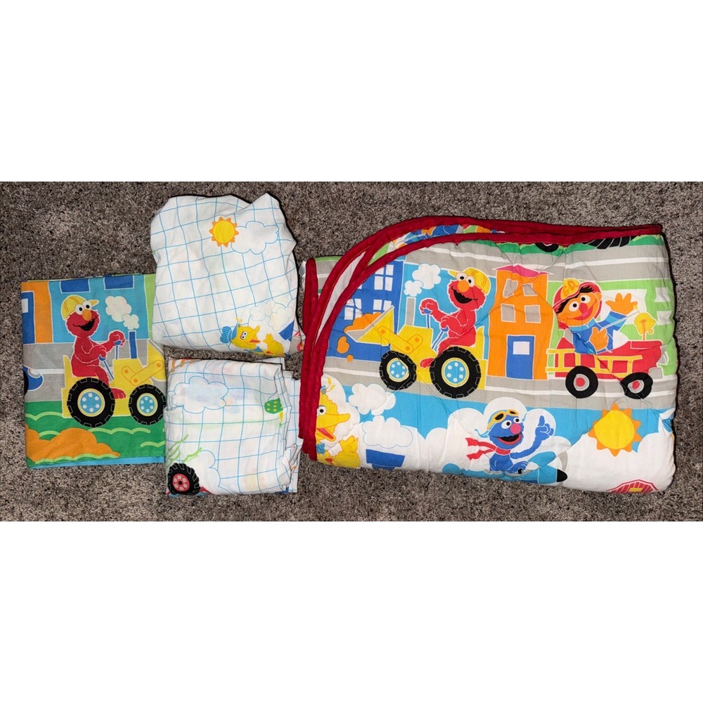 Vtg 1999 Riegel Sesame Street Quilted Crib Blanket Comforter Set Big Bird Elmo